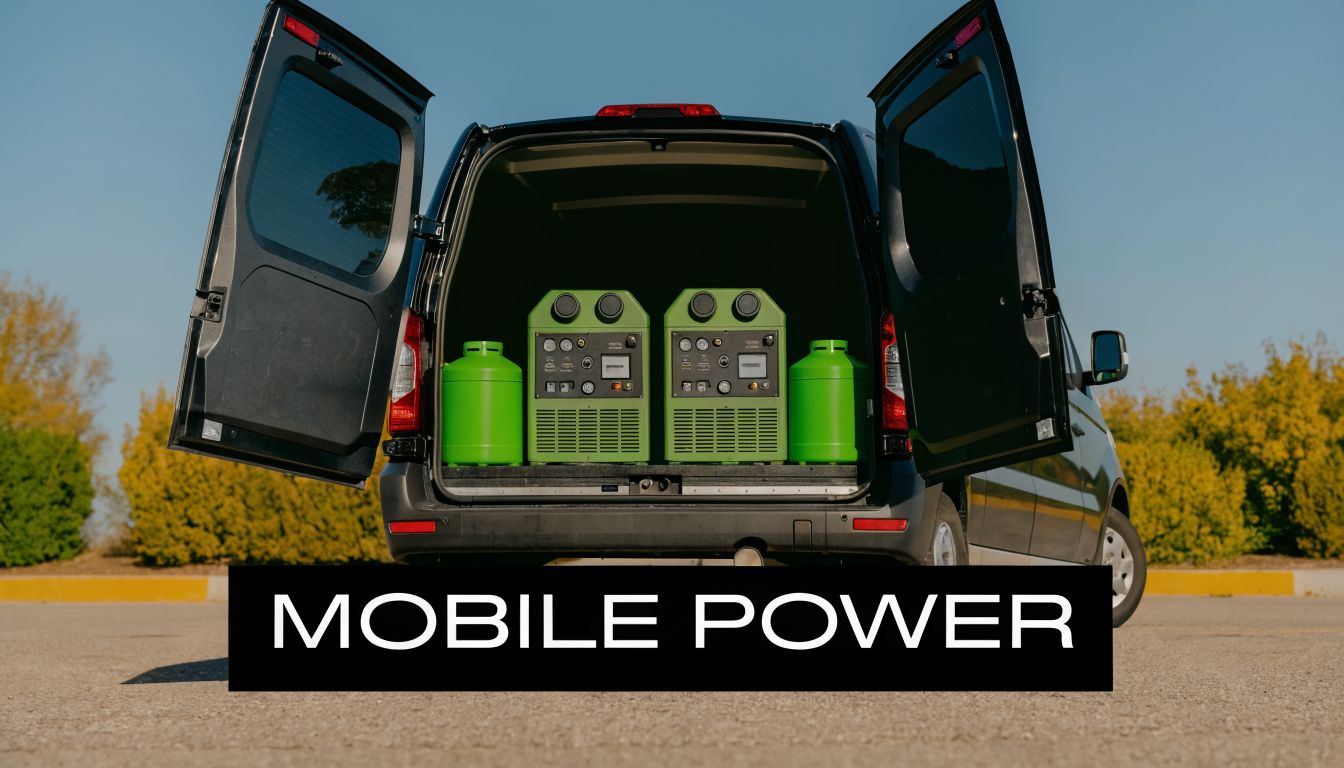A van parked with doors open containing two green mobile generators and two propane gas tanks inside.