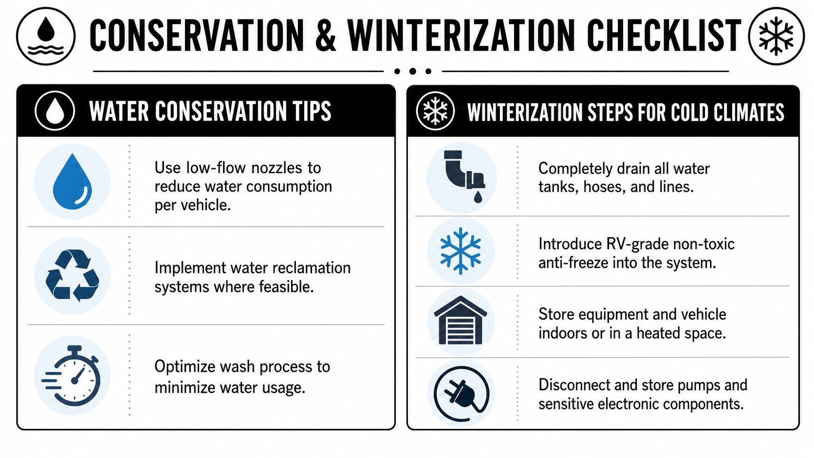 A checklist infographic detailing water conservation tips and winterization steps for mobile car wash water tanks.