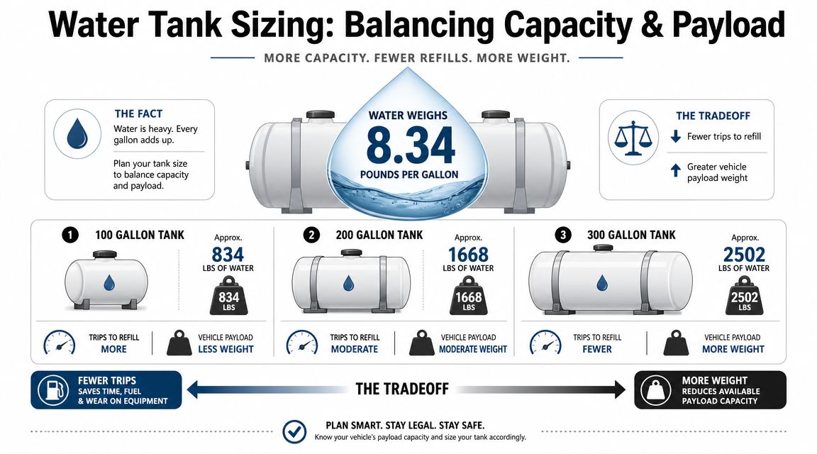 An infographic showing the tradeoff between water tank capacity, vehicle weight, and refueling frequency.