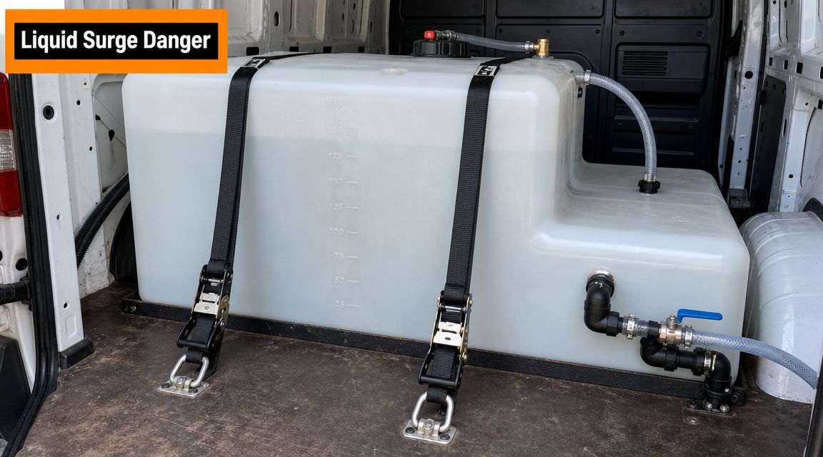 A large translucent water tank secured with heavy-duty ratchet straps inside a utility van for transport.