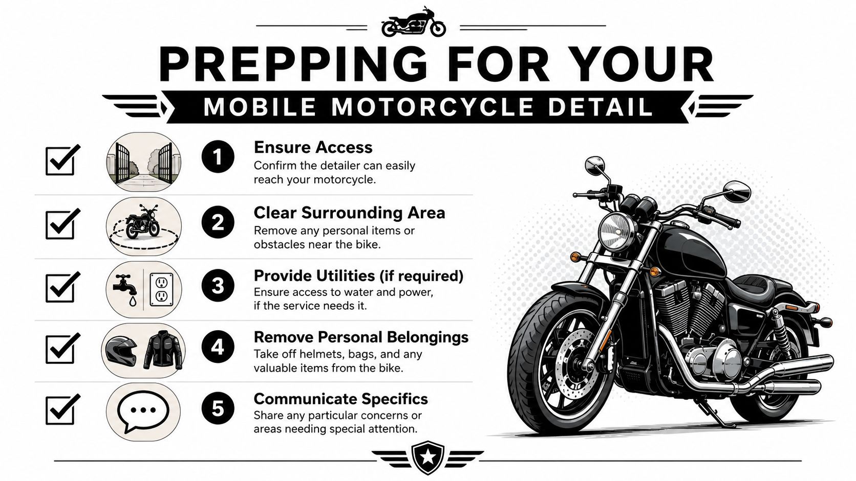 An infographic checklist for prepping a motorcycle for a professional mobile detailing service at home.