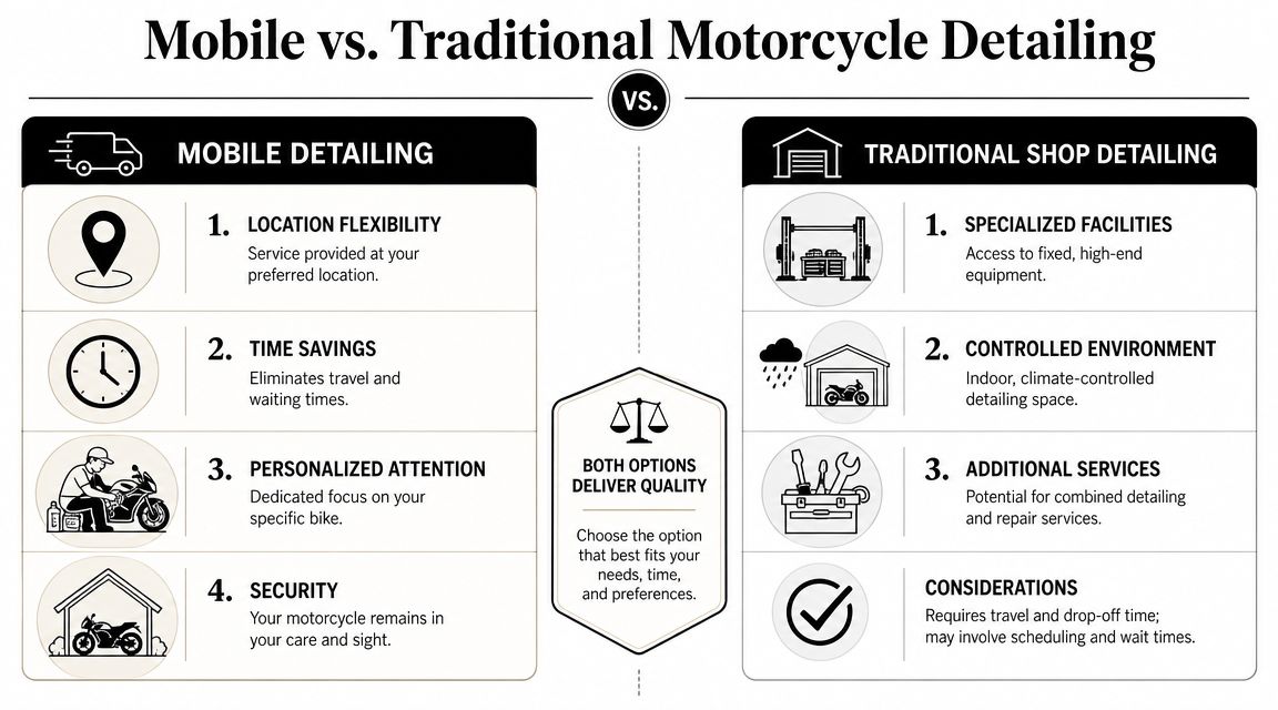 A comparison infographic between mobile motorcycle detailing and traditional shop detailing highlighting the key benefits of each.