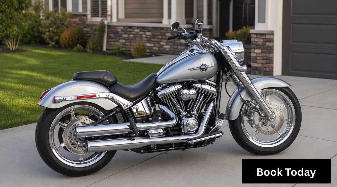 A gleaming silver Harley Davidson cruiser motorcycle parked on a clean residential driveway during a sunny day.
