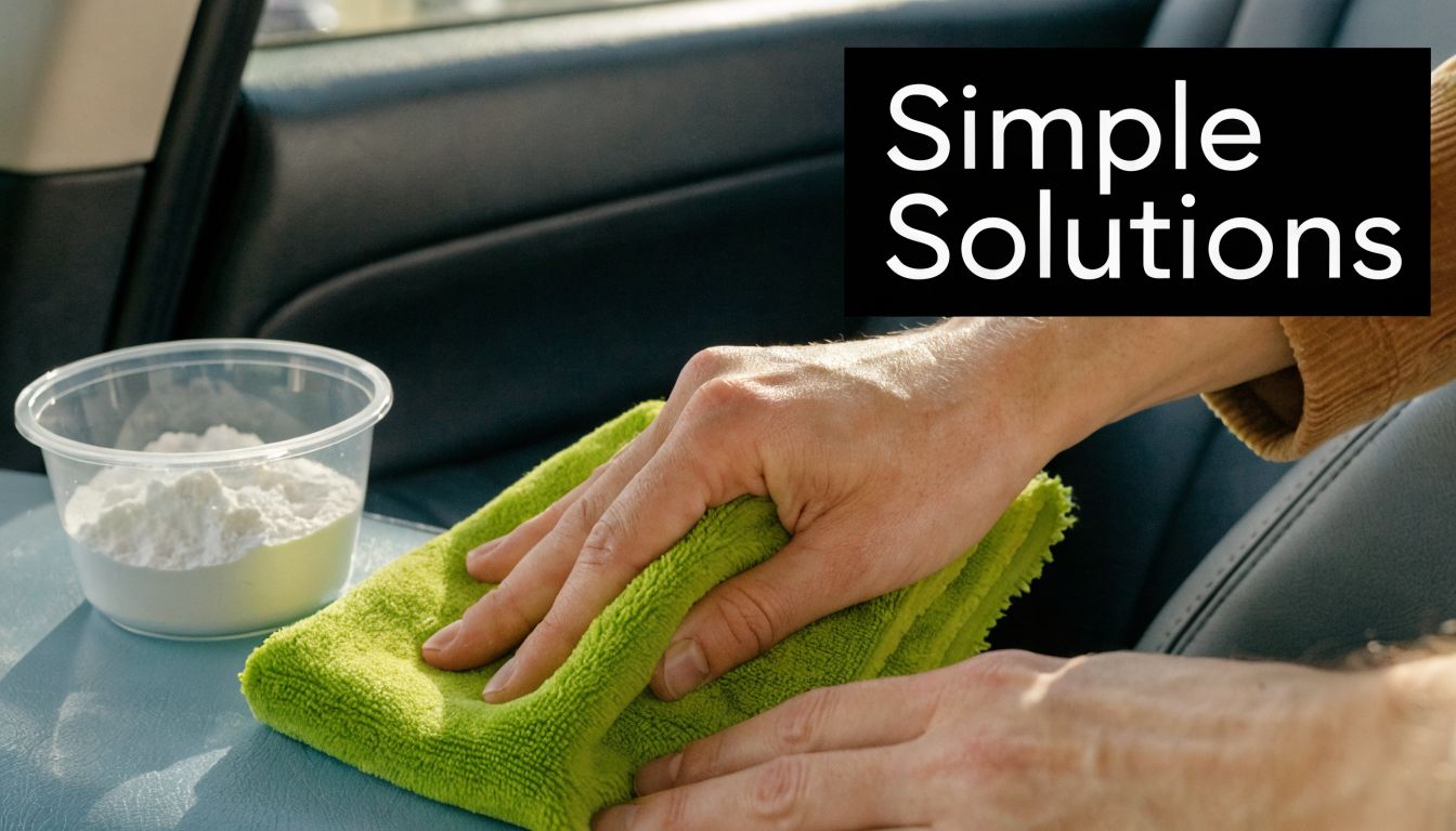 A person cleaning a car seat with a lime green microfiber cloth and baking soda.