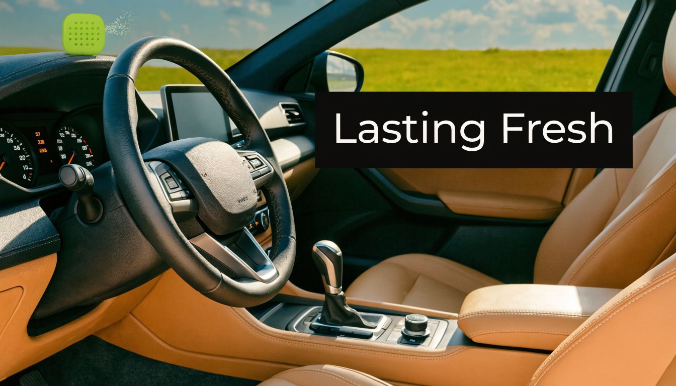 A clean, luxurious car interior with tan leather seats and a digital car freshener icon.