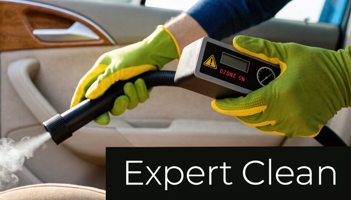 A professional car detailer using an ozone generator to eliminate odors inside a vehicle interior.
