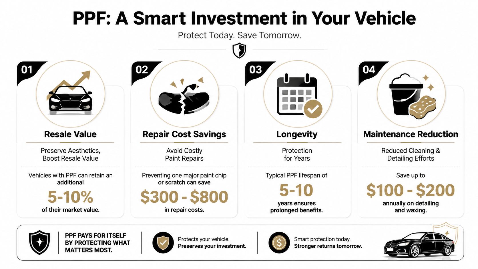 An infographic detailing the benefits of PPF, including increased resale value, repair savings, longevity, and maintenance reduction.