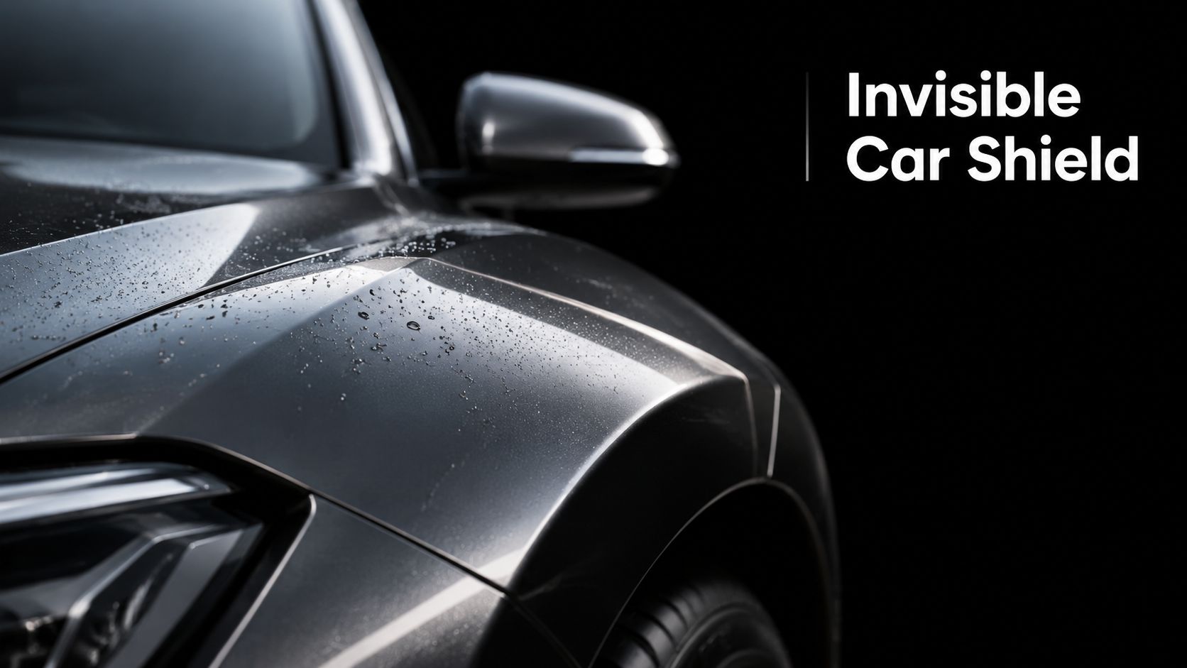 A close-up view of a luxury car hood with water droplets, featuring text reading Invisible Car Shield.