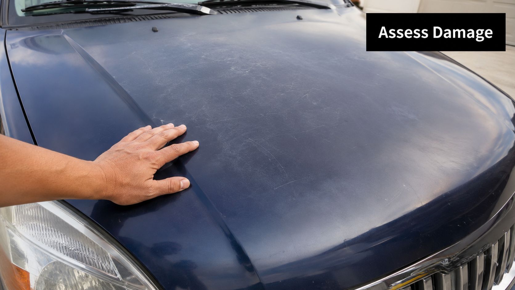 A close-up view of a person's hand touching a car hood showing severe sun damaged paint.