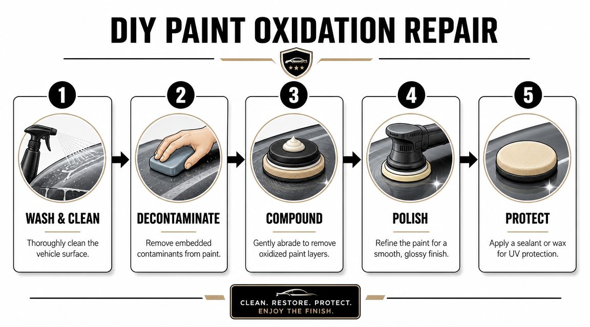 A five-step infographic guide explaining the process of DIY paint oxidation repair for vehicles.
