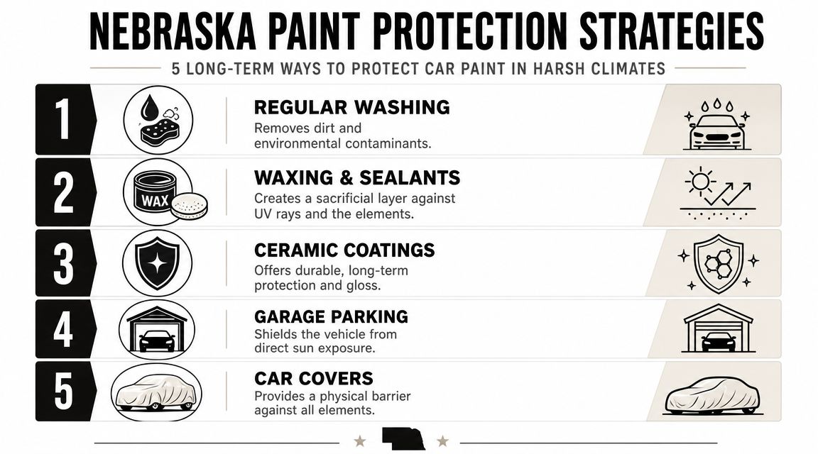 A list of five essential strategies for protecting your car's paint from harsh weather conditions in Nebraska.