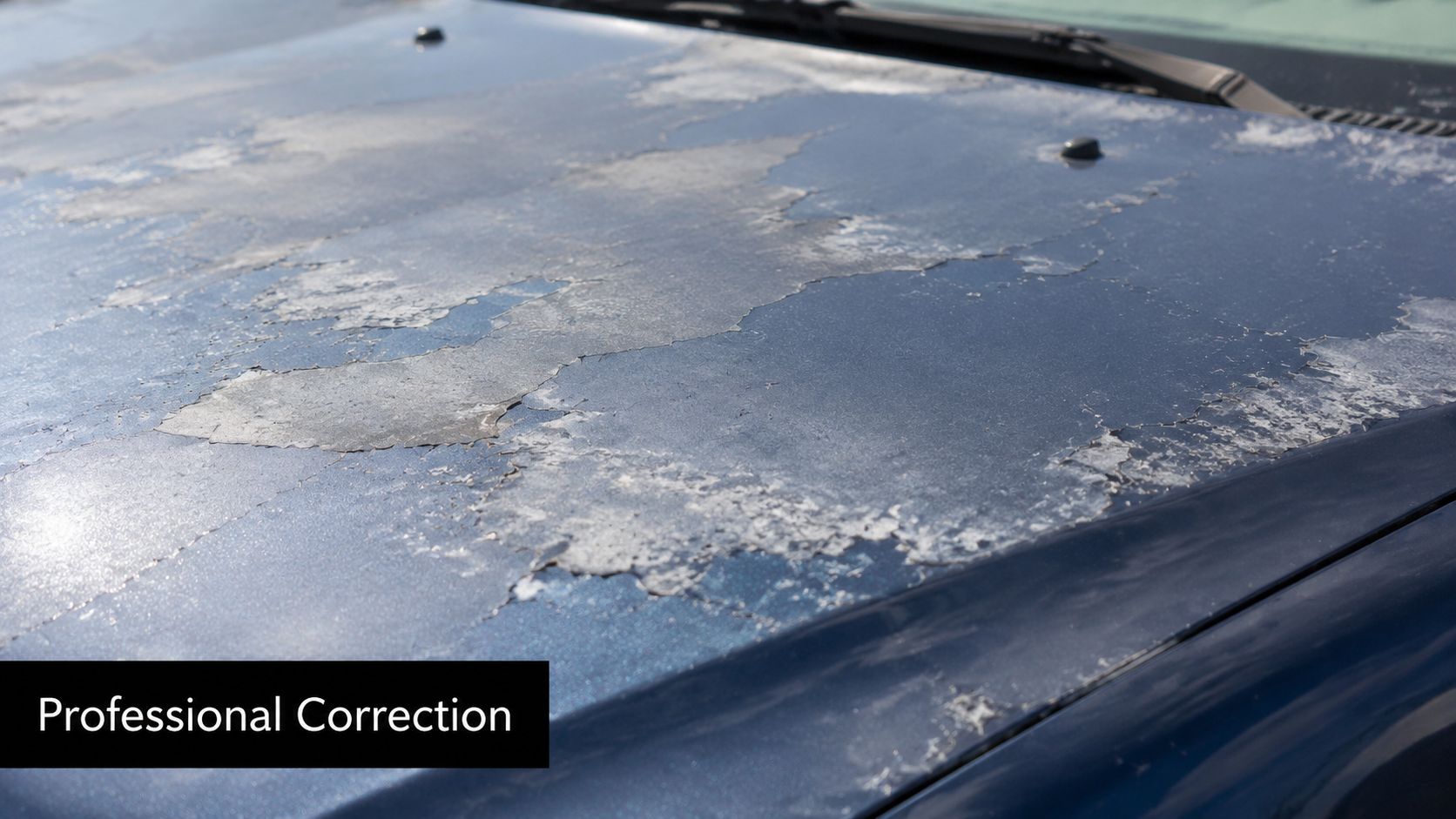A close-up view of a dark blue car hood showing severe clear coat paint failure and peeling.