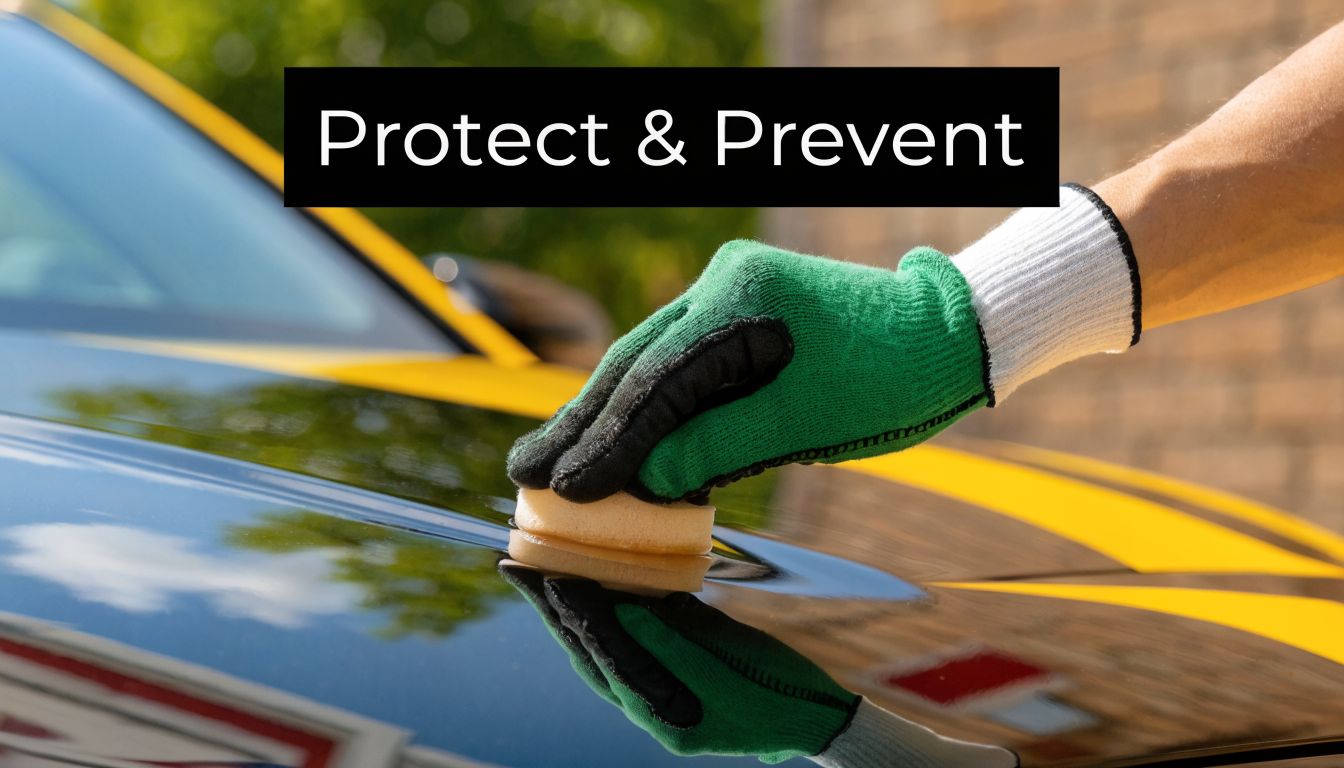 A gloved hand uses a sponge to apply a protective coating to a shiny black car hood.
