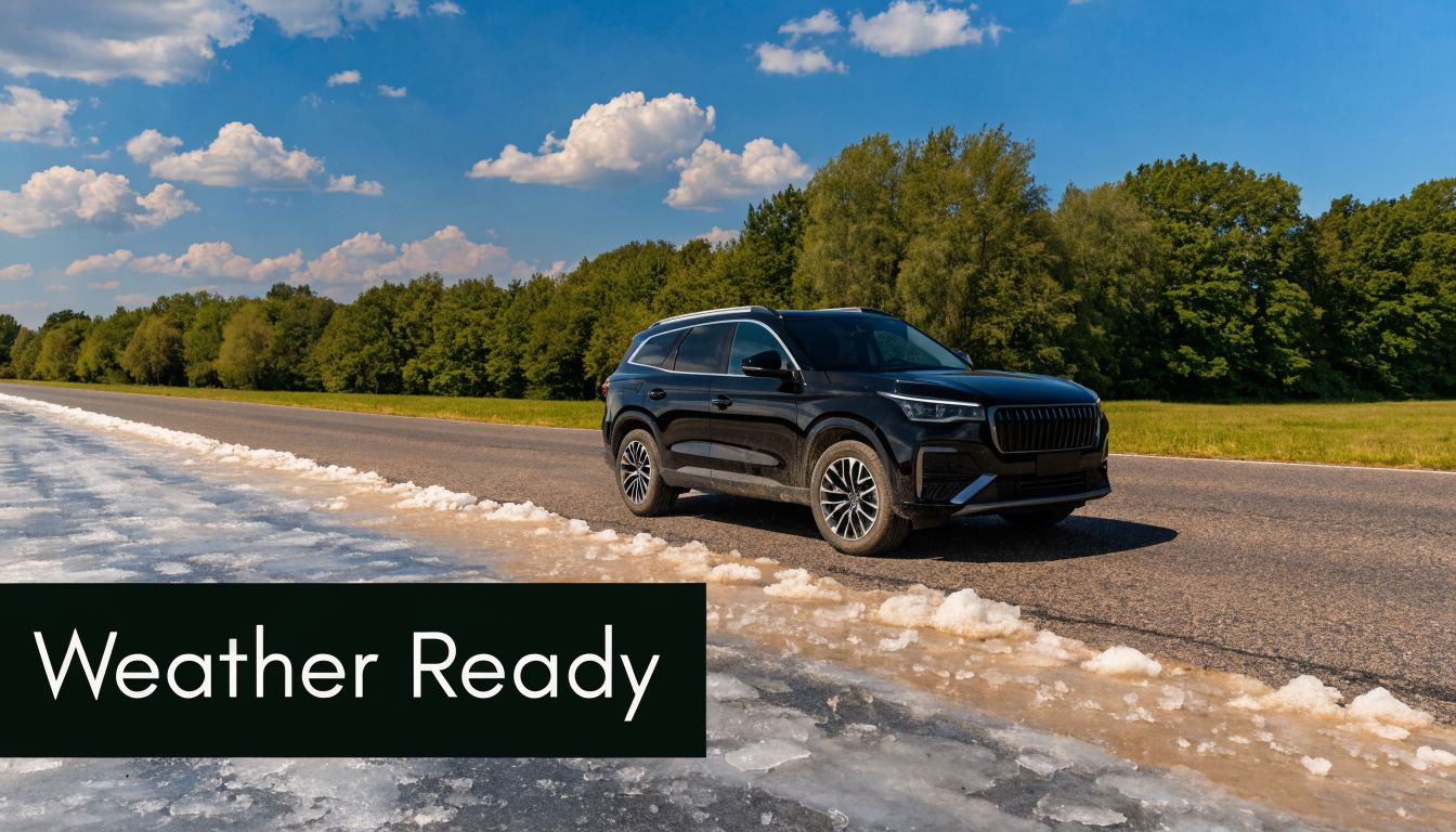 A black SUV driving on an asphalt road with melting snow patches under a clear blue sky.