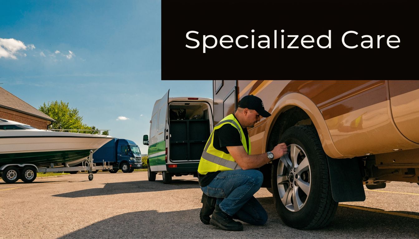 A professional technician in a high-visibility vest inspects the tire pressure on a large recreational vehicle.