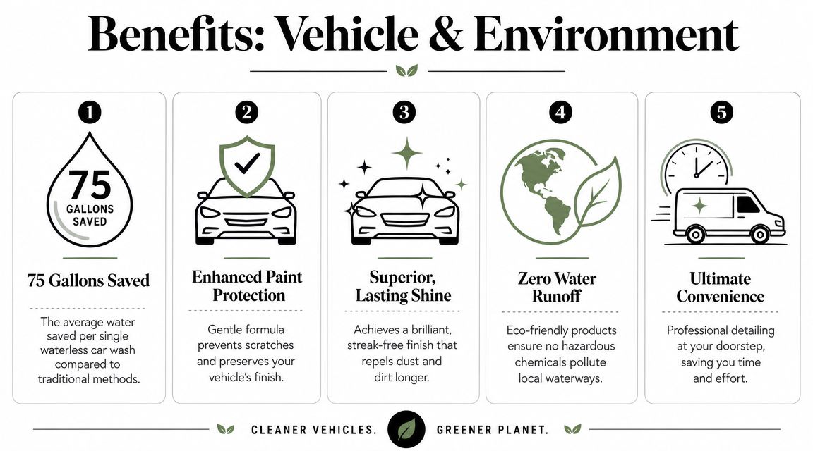 An infographic detailing five key environmental and vehicle benefits of using a waterless car wash service.