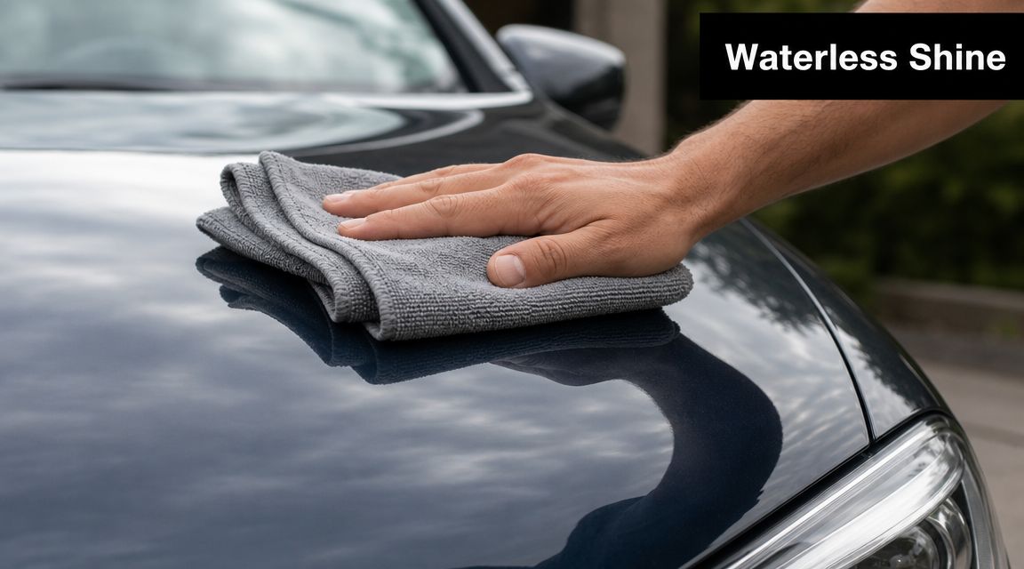 A person uses a gray microfiber cloth to polish the hood of a dark blue car.