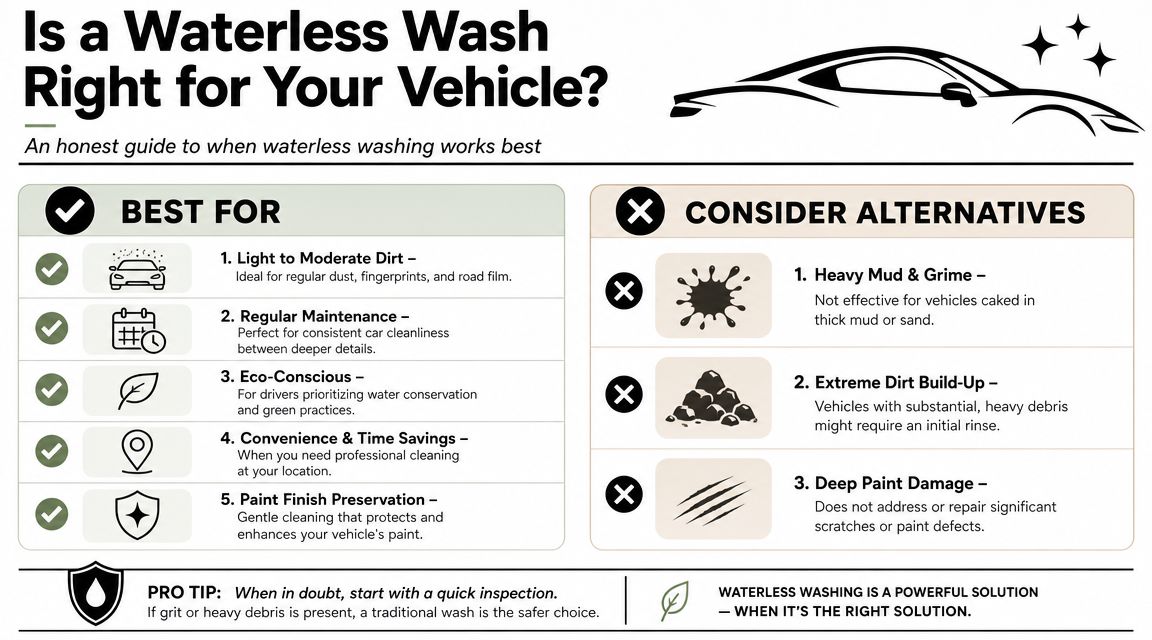 An infographic titled Is a Waterless Wash Right for Your Vehicle outlining when to use waterless cleaning.