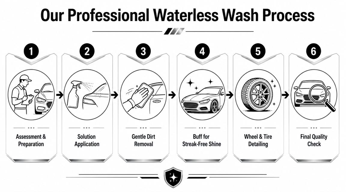 A six-step infographic illustrating the professional waterless car wash process from initial assessment to final quality check.