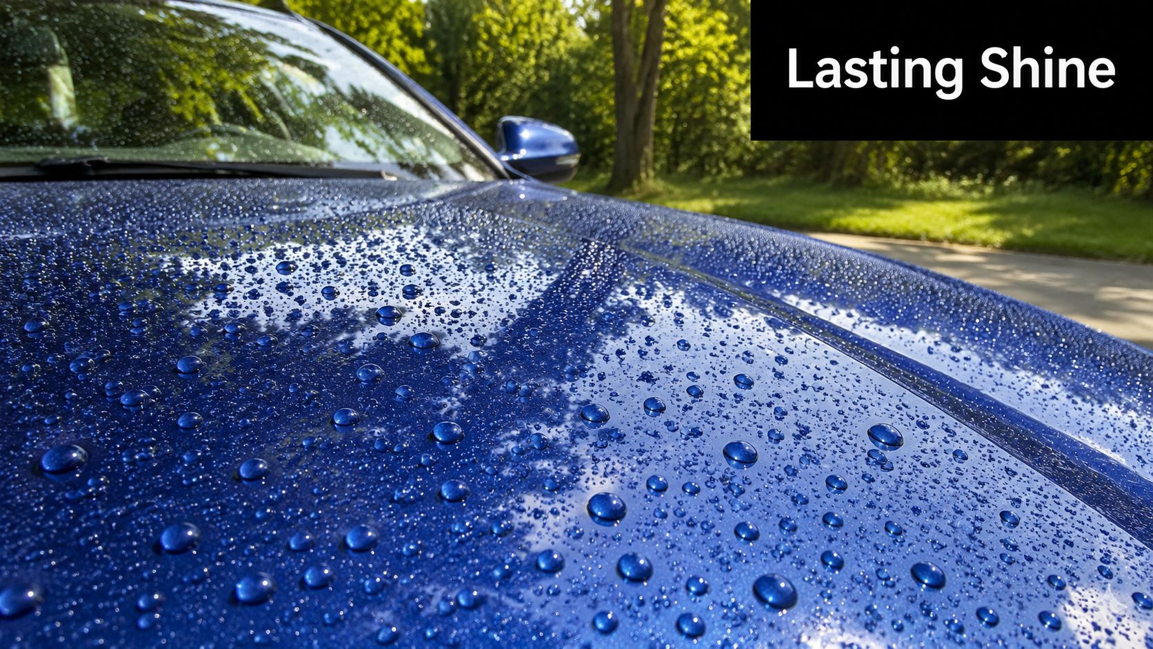 A close-up view of a vibrant blue car hood covered in rain beads after a paint sealant application.