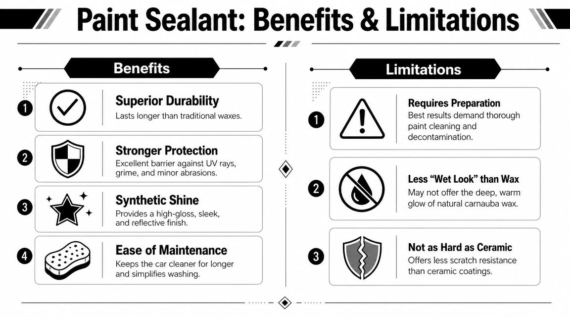 An infographic comparing the benefits and limitations of using automotive paint sealant for car surface protection.