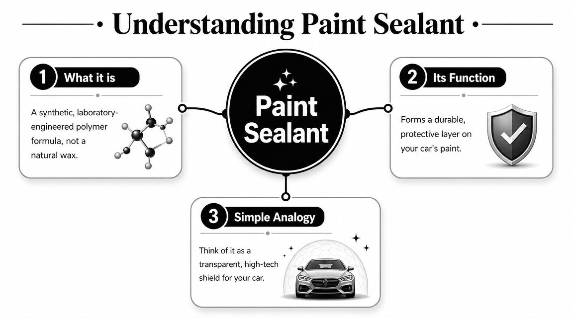 An infographic explaining car paint sealant as a synthetic polymer protective shield for vehicle surfaces.