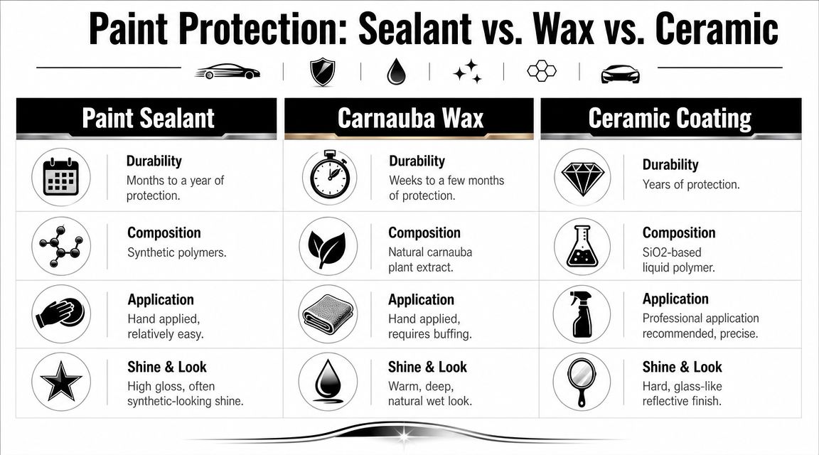 A comparison chart outlining the differences in durability, composition, application, and finish between paint sealant, carnauba wax, and ceramic coating.