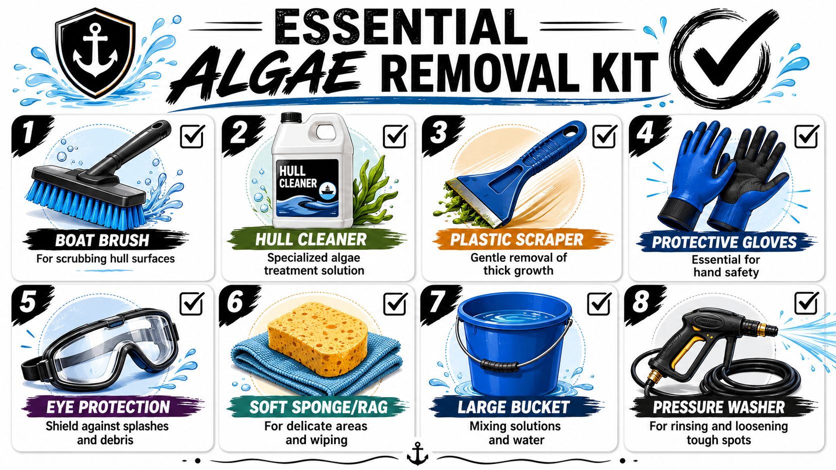 An infographic titled Essential Algae Removal Kit displaying eight numbered boat maintenance tools on a white background.