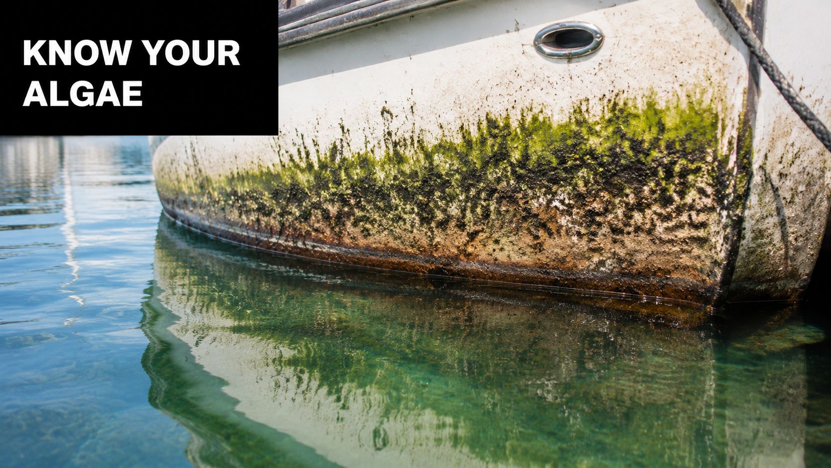 Green algae and organic buildup covering the white hull of a boat floating on calm water.