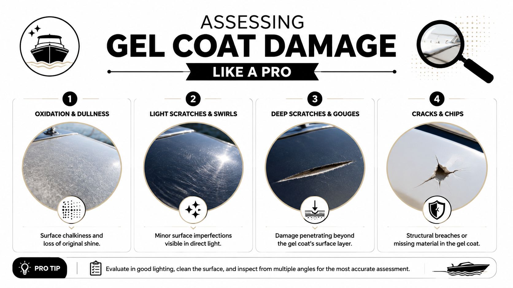 An educational infographic showing four types of boat gel coat damage: oxidation, scratches, gouges, and cracks.