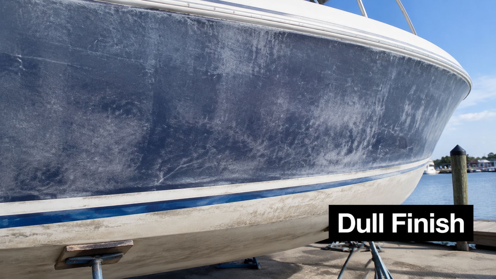 A close-up view of a dark blue boat hull showing significant oxidation and a dull gelcoat finish.