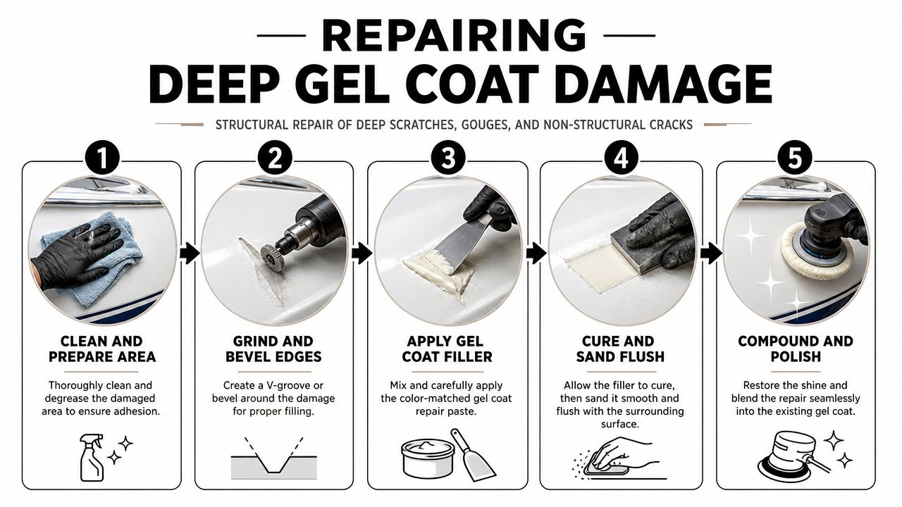 A five-step infographic showing the process for repairing deep gel coat damage on a boat surface.
