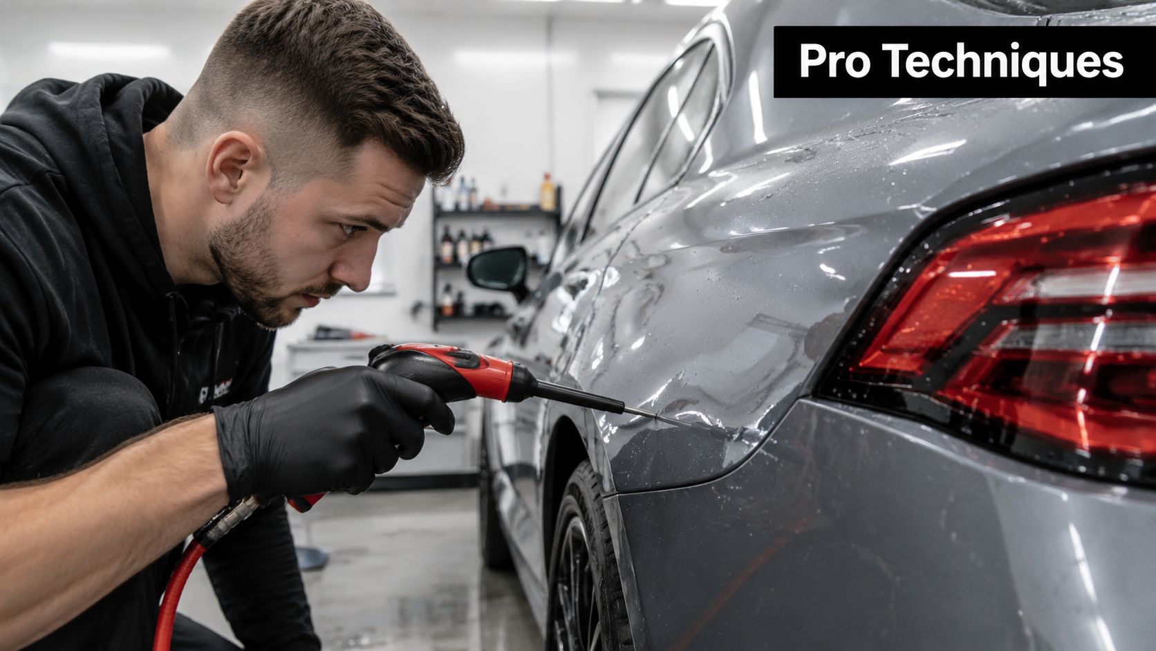 A professional technician using an air blower tool to dry a gray car body during detailing.