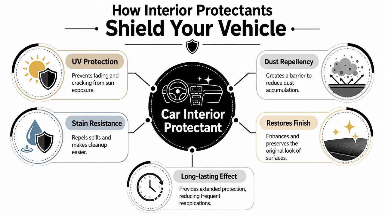 An infographic showing the five key benefits of using car interior protectant to shield vehicle surfaces.