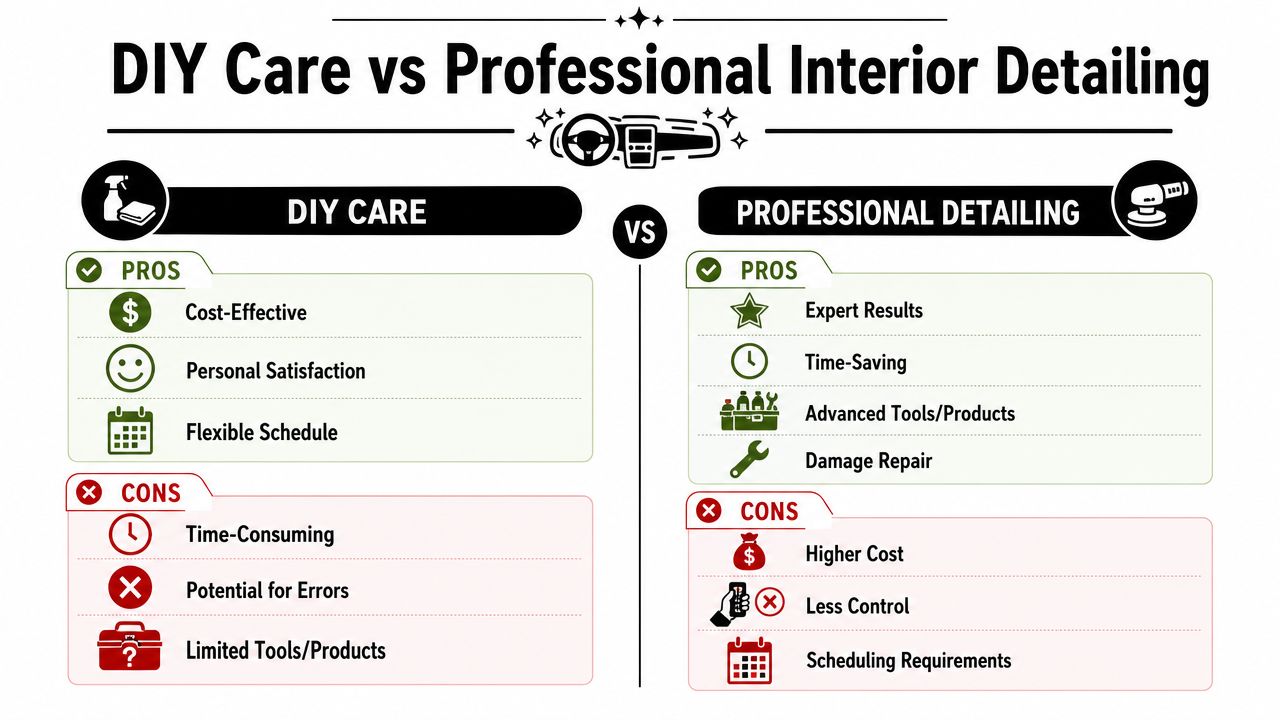 A comparison infographic detailing the pros and cons of DIY car interior care versus professional detailing services.