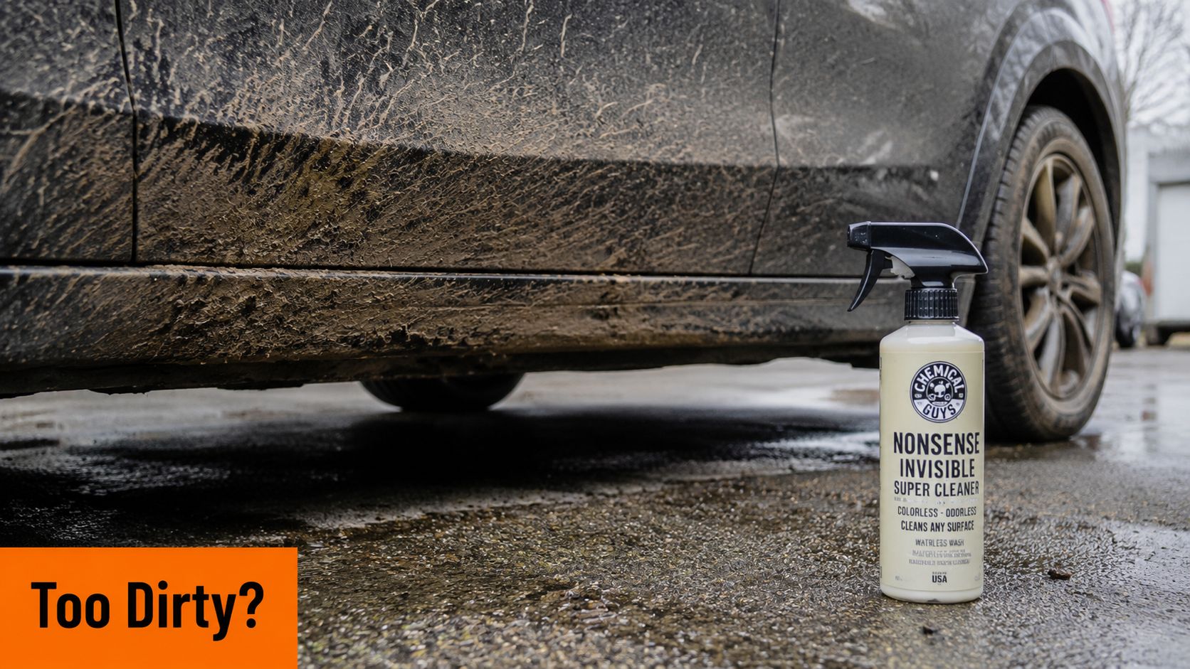 A dirty car parked on a wet surface with a bottle of Chemical Guys Nonsense cleaner nearby.