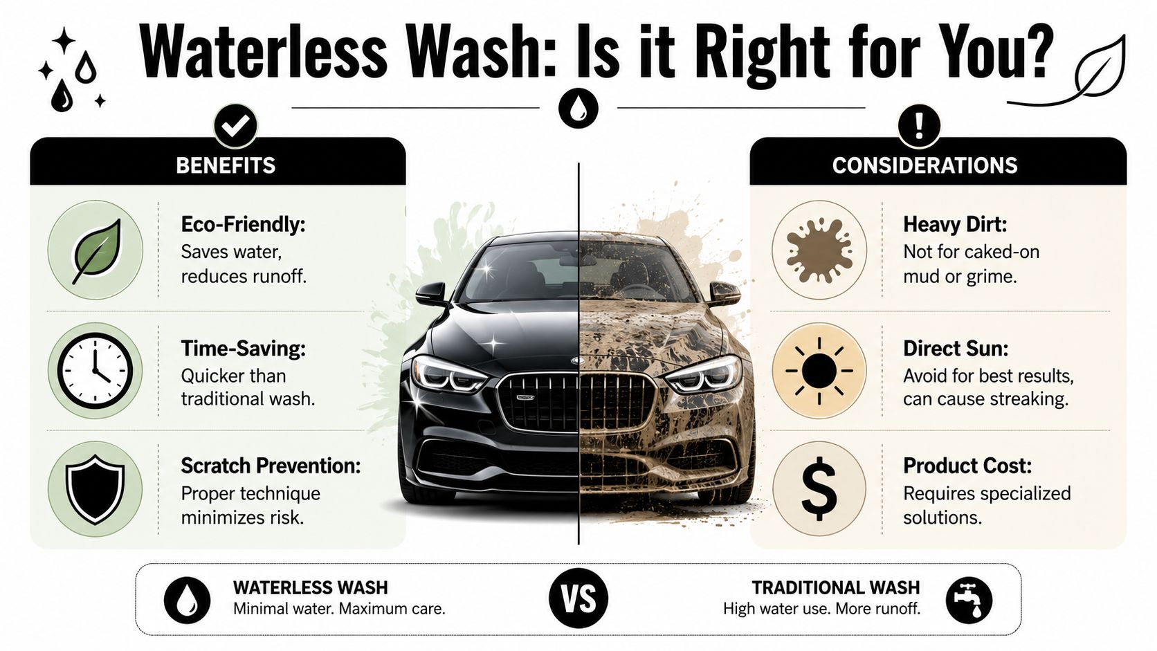 A comparative infographic illustrating the pros and cons of using a waterless car wash versus a traditional wash.
