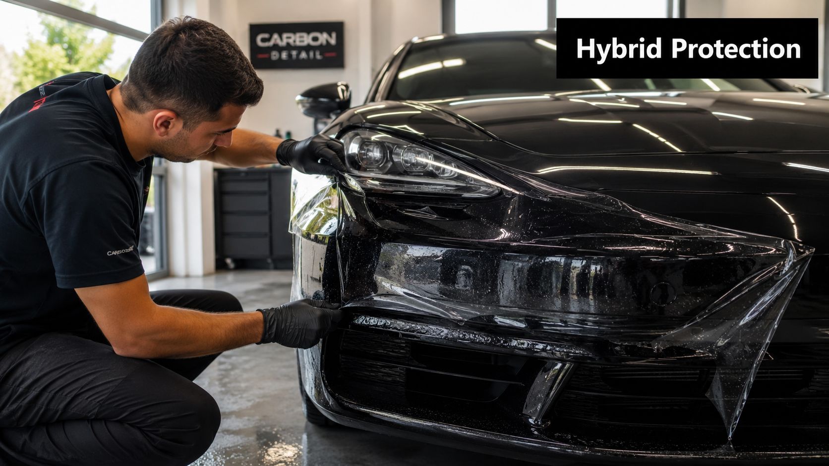 A professional technician carefully applying a clear paint protection film to the front bumper of a black car.