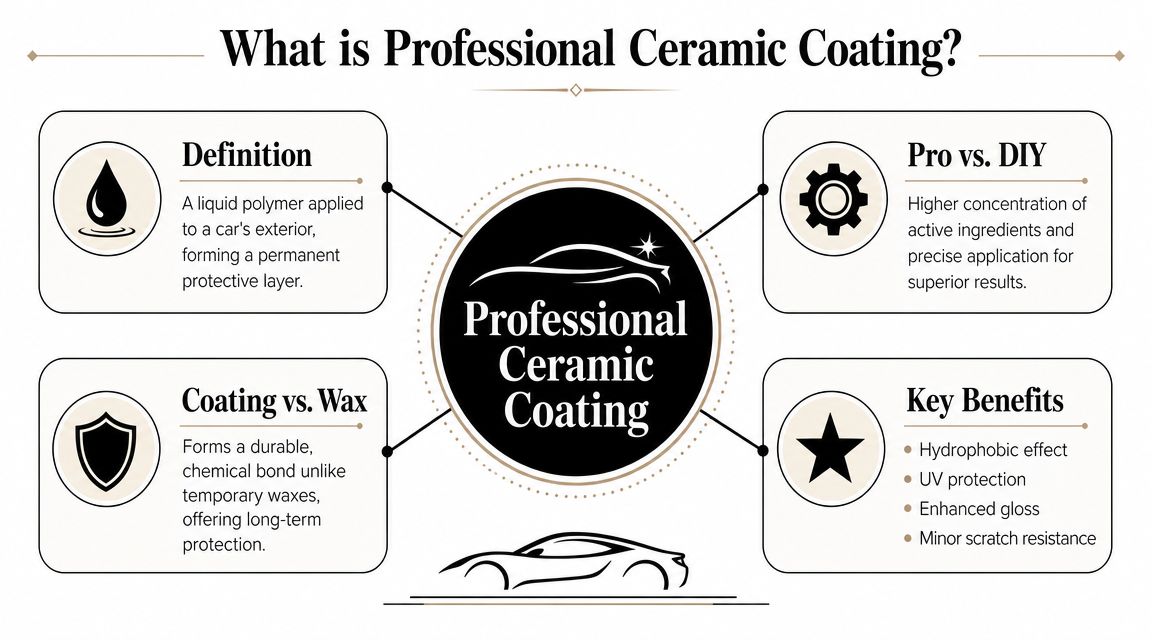 An infographic detailing the benefits and definition of professional ceramic coating for automotive exterior surfaces.