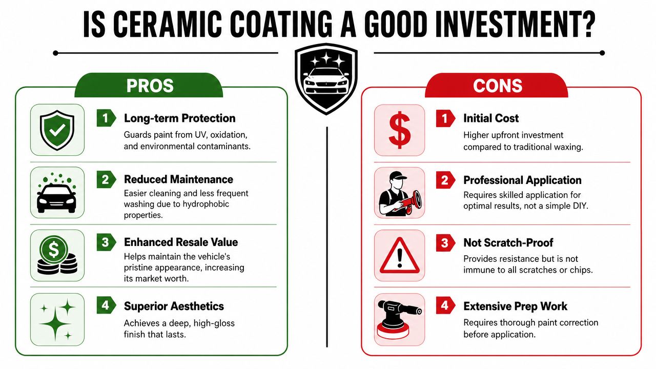 An infographic comparing the pros and cons of car ceramic coating for informed vehicle owner decision making.