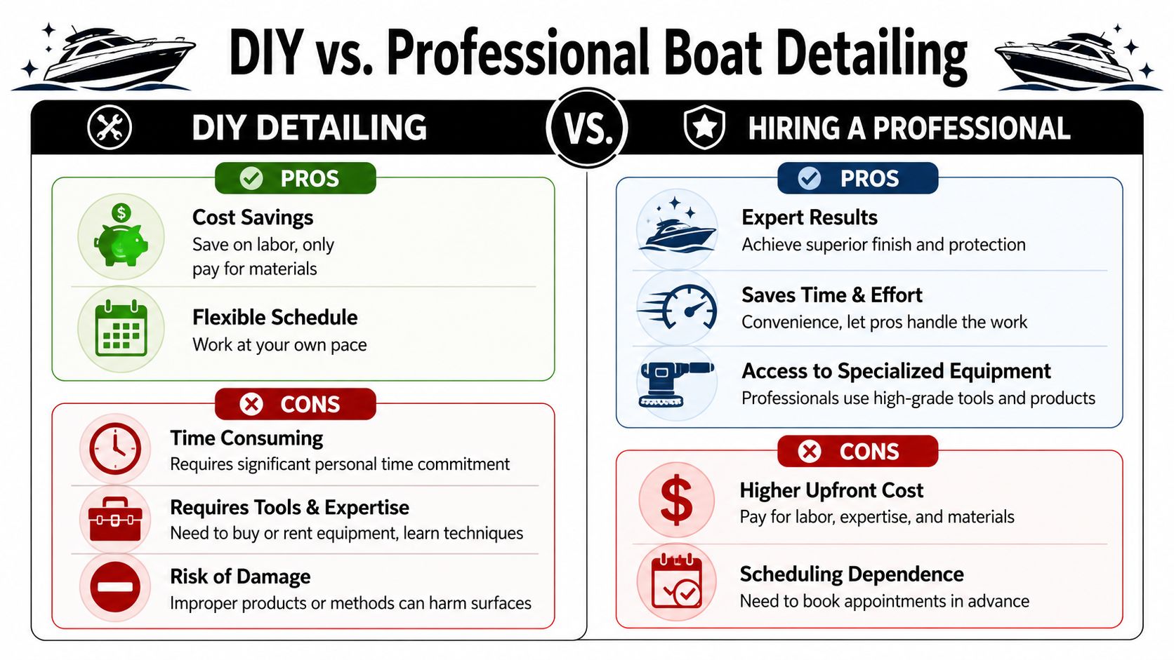 A comparison chart outlining the pros and cons of DIY versus professional boat detailing services.
