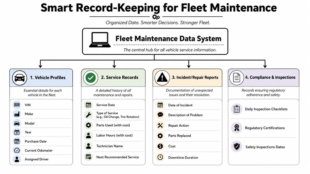A diagram outlining key components of a smart fleet maintenance data record-keeping system for vehicles.
