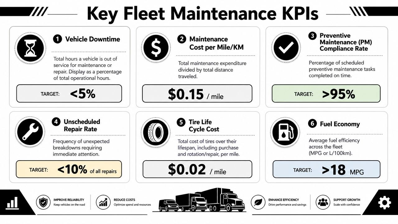 An infographic detailing six essential fleet maintenance KPIs with descriptions and target metrics for logistics management.