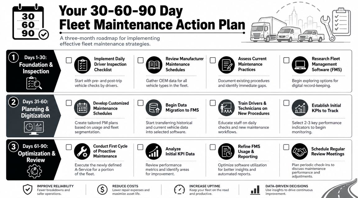 A 30-60-90 day roadmap infographic outlining a comprehensive fleet maintenance strategy and action plan.