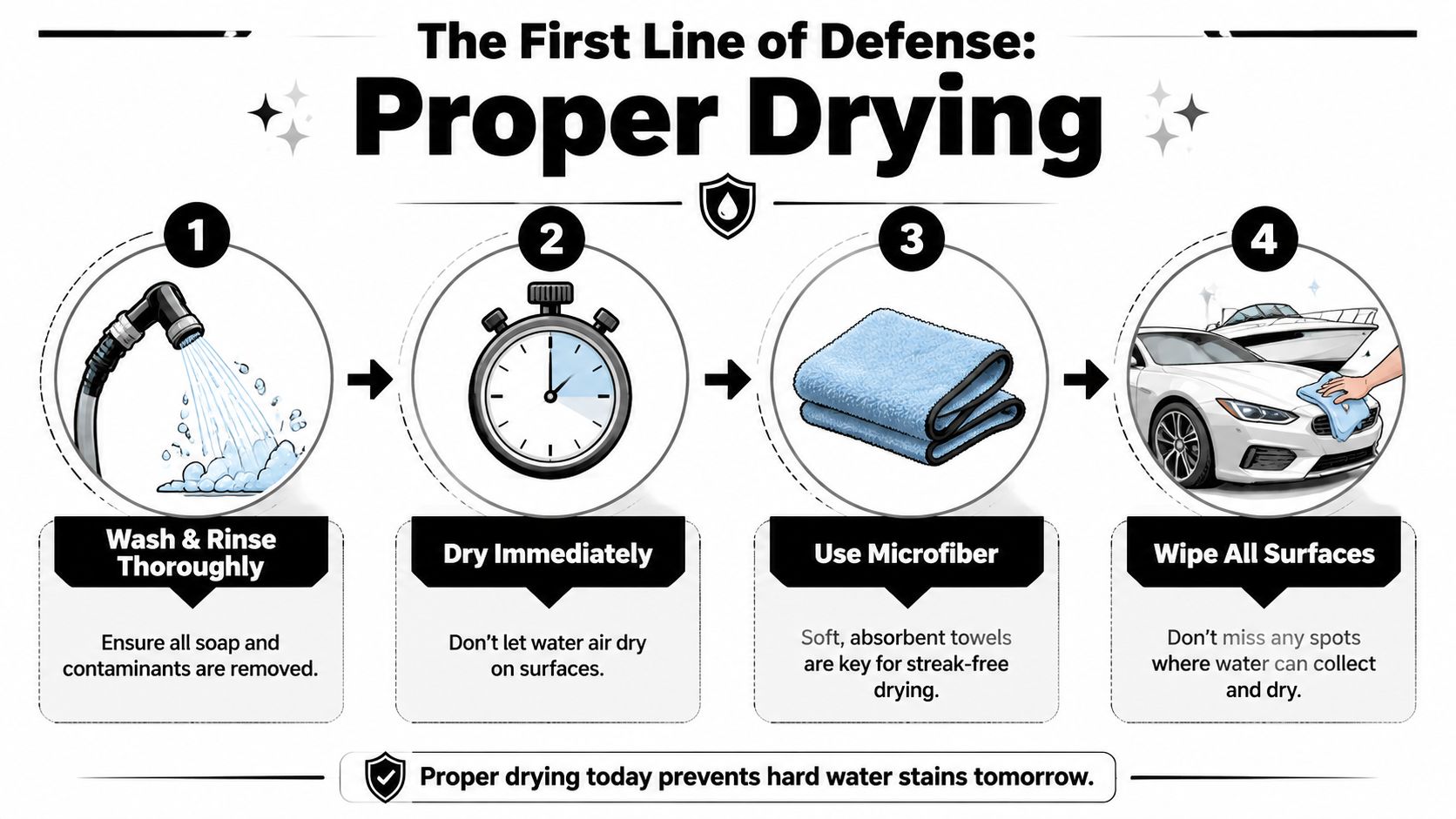 An infographic showing a four-step guide on how to properly dry a car to prevent water spots.