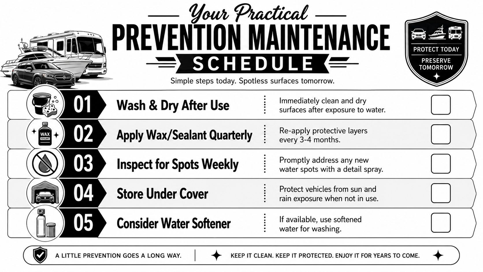 A visual guide outlining five practical steps for vehicle maintenance to prevent water stains and environmental damage.