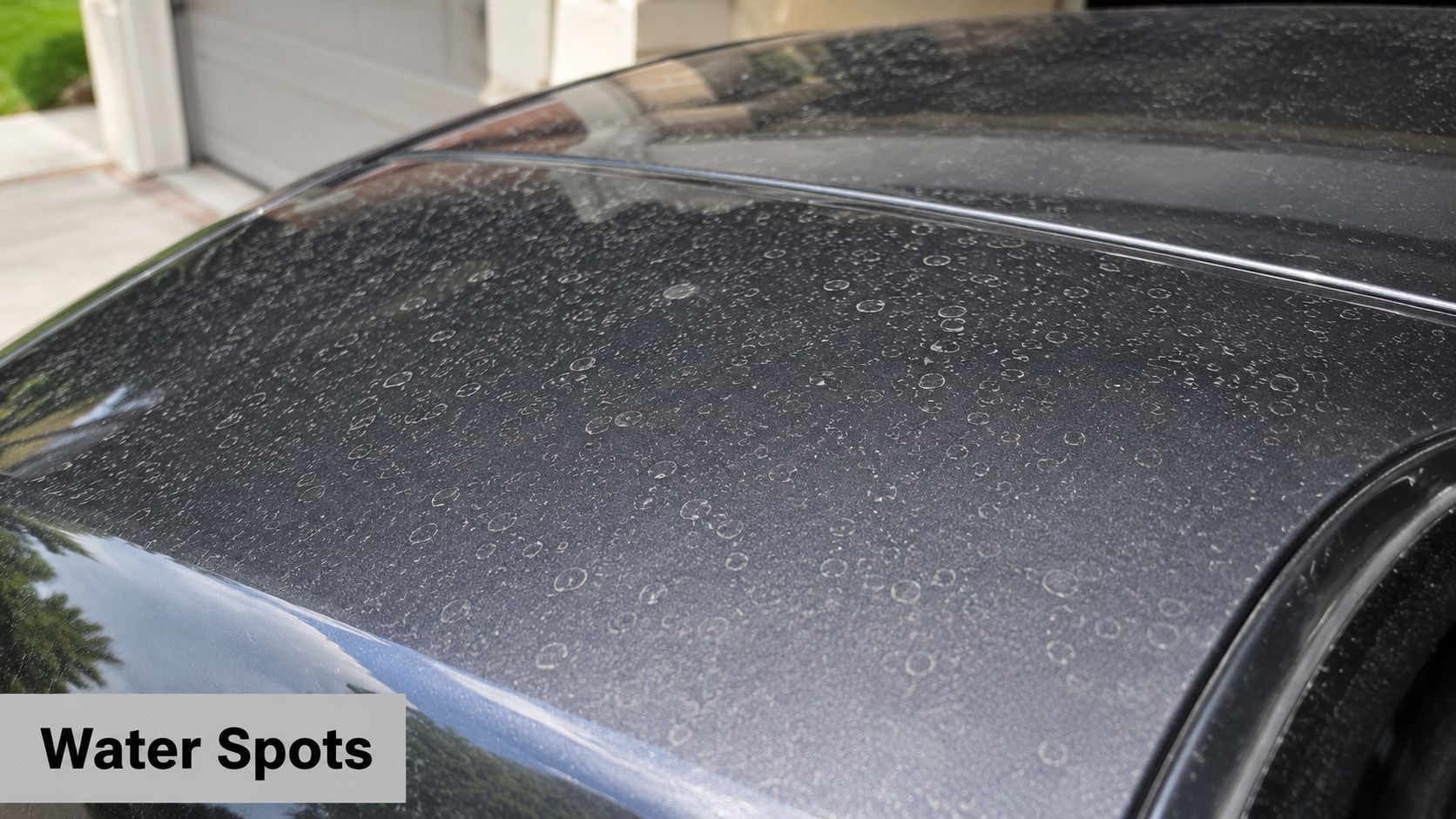 Close up view of mineral deposits and dried water spots on the black paint of a car roof.