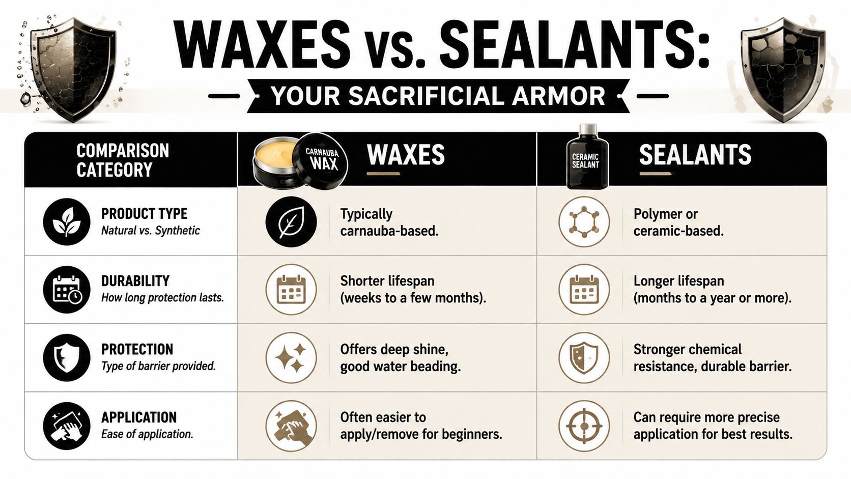 A comparison chart outlining the differences between car waxes and sealants for vehicle surface protection.