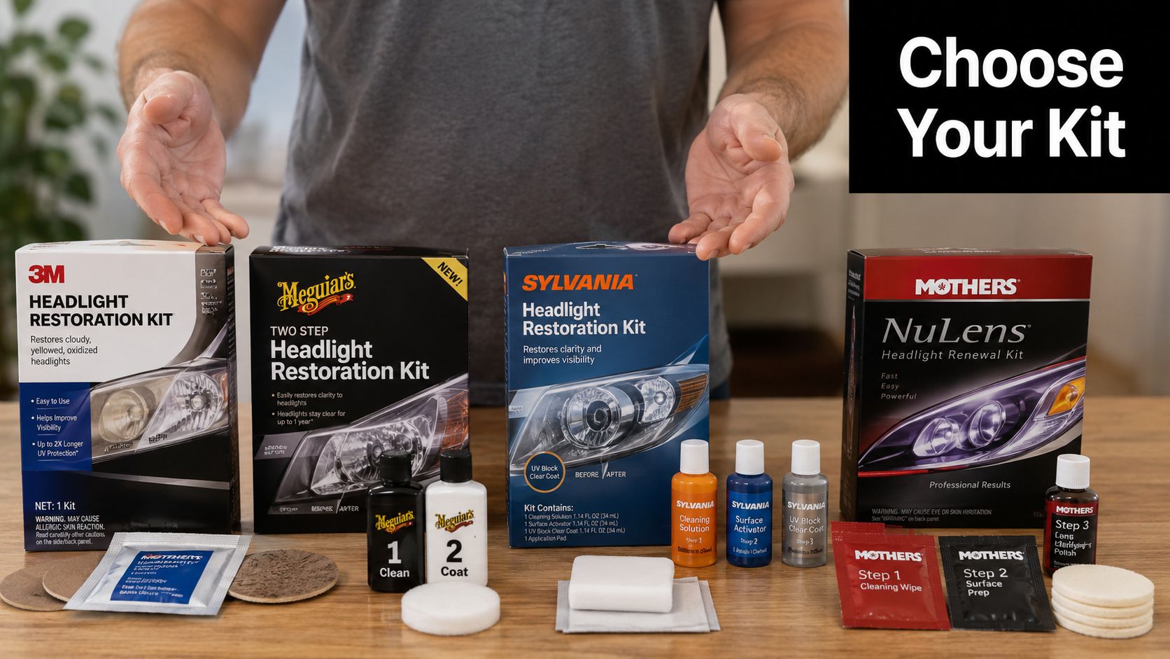 A person stands behind four different brands of automotive headlight restoration kits displayed on a wooden table.
