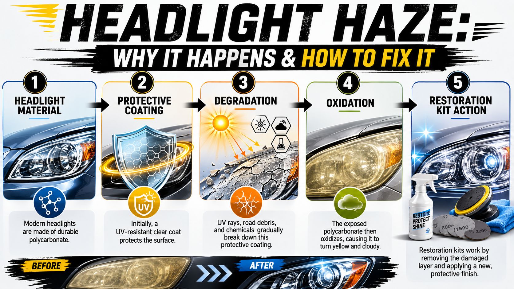 An educational infographic explaining the process of headlight haze formation and how a restoration kit works.
